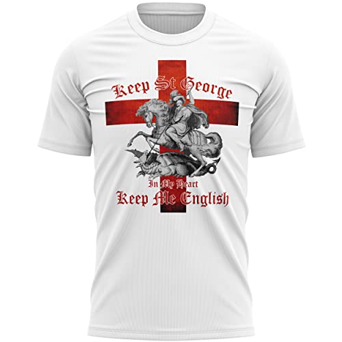 Keep St George in My Heart English Flag T Shirt St Georges Day T Shirts Men Gift Ideas for Dad and Grandad English Dragon Knight Tee L White