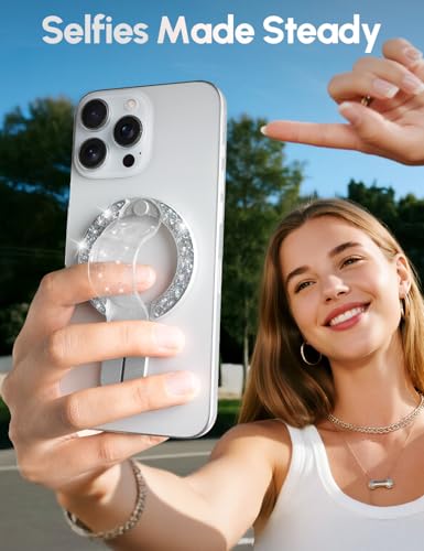 Image of GripMate for MagSafe Phone Grip for iPhone - Glitter Magnetic Phone Ring Holder for Women Girs - Comfortable Stylish Finger Phone Loop Grip for iPhone 17 /16 /15 /14 /13 /12,Glitter Silver