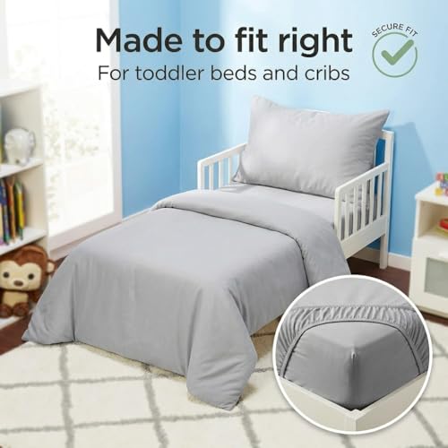 Image of EVERYDAY KIDS 4 Piece Toddler Bedding Set - Includes Comforter, Flat Sheet, Fitted Sheet and Pillowcase - Solid Grey