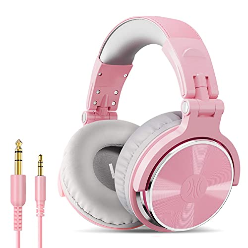 OneOdio Over Ear Headphone, Wired Bass Headsets with 50mm Driver, Foldable Lightweight Headphones with Shareport and Mic for Recording Monitoring Mixing Podcast Guitar PC TV (Light Pink) (Renewed)