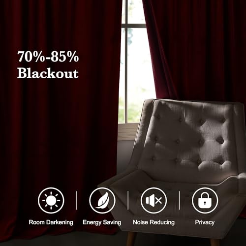 Image of RYB HOME Burgundy Red Velvet Curtains 96 inches for Bedroom Living Room | Thermal Insulated, Privacy UV Block, Back Tab, Backdrapes for Movie Theater Stage Christmas, W52 x L96, 2 Panels