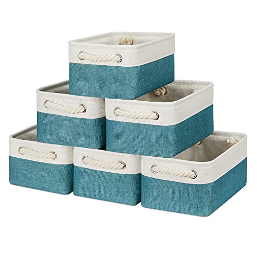 Bidtakay Fabric Baskets For Organizing Closet Set Of 6 Small Storage Bins 11.8 X 7.8 X 5 Inches Decorative Storage Baskets For Shelves Foldable Bins For Cube Organizer Rectangular(White&Teal Blue) #TOP14