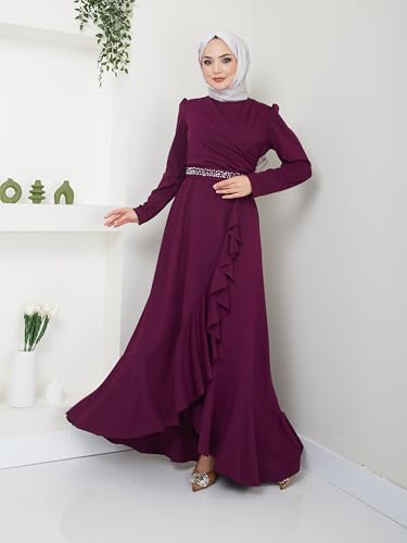 Hijab Evening Dress with Flounce Skirt and Stone Belt 24973