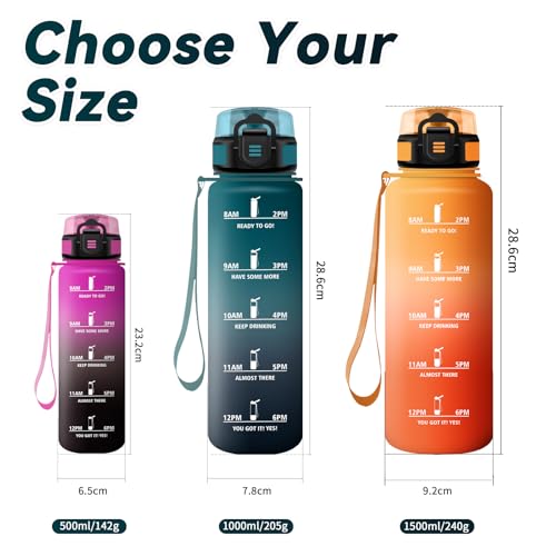 Sportflasche 1L, Motivierende Trinkflasche mit Zeitmarkierung, Wasserflasche Sport mit Filte, Kohlensäure Geeignet, Auslaufsichere Trinkflasche für Sprudel, Fahrrad, Laufen, Erwachsener, Sprudel