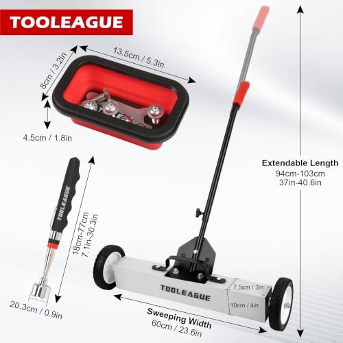 Image of TOOLEAGUE 24 inch Rolling Magnetic Sweeper with Wheels,Telescoping Adjustable Handle,50LBS Capacity Magnet Roller,Magnetic Foldable Tray, 25LBS Pickup Pen,3Pcs Magnet Sweeper Set