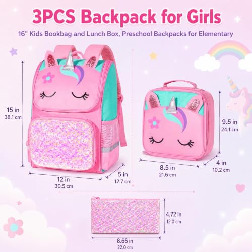 Image of KLFVB 3PCS Backpack for Girls and Boys, 15 inch Unicorn Dinosaur Bookbag with Lunch Box, Kids Preschool School bag