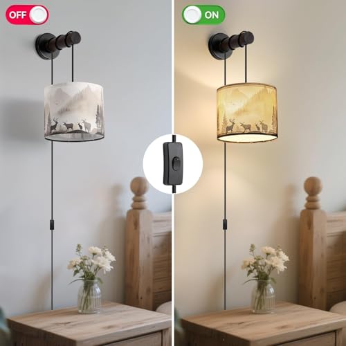 Image of Deer Plug in Wall Sconces Set of 2, Rustic Wall Sconce with Adjustable Cord & Wooden Arm, Western Wall Light Fixtures, Forest Wall Lamps for Bedroom, Living Room