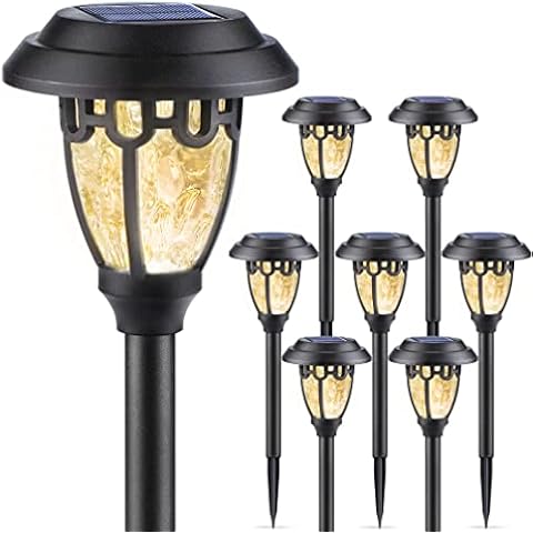 LeiDrail Solar Lights Outdoor Garden Ornaments 8 Pack Solar Pathway Lights Outdoor Garden Lights Solar Powered with Warm White LED IP55 Waterproof Solar Stake Lights for Walkway Garden Yard Lawn Cover