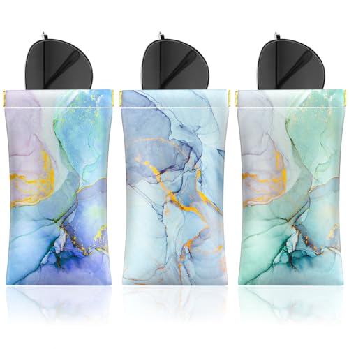 Image of 3 Pack Eyeglasses Pouch, Portable Squeeze Top Leather Sunglasses Pouch Spring Storage Glasses Case, Gradient Marble