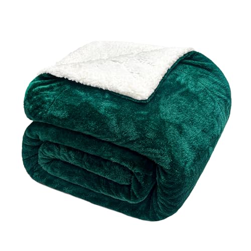 Exclusivo Mezcla Manta Polar Sherpa, Acolchada y Mullida, Gruesa y Caliente para Cama y Sofá, Ideal para el Invierno, 130 x 150 cm, Verde Oscuro