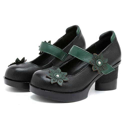 Women's Cow Leather Flowers Block Heel Mary Janes Pumps with Hook Loop Retro Comfortable Closed Round Toe Anti-Slip Platform Chunky High Heels Sandals for Prom Party Wedding