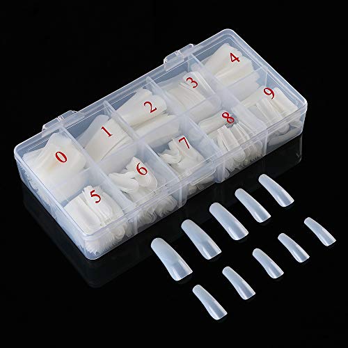 Buqikma Coffin Nails Natural Ballerina False Nails Tips Long Full Cover Acrylic Fake Nails 500pcs 10 Sizes Manicure Tool with Box