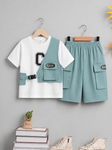 Image of Kids Boys 3-Piece Outfit Set | Half Sleeve T-Shirt, Utility Vest & Cargo Shorts with Cap | Stylish Casual Summer Clothing Set for Boys