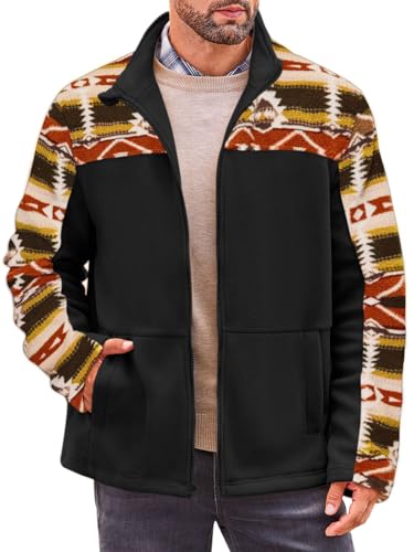 Beotyshow Mens Soft Polar Fleece Jacket Zip Up Printed Coat Casual Tribal Aztec Midweight Winter Outfits