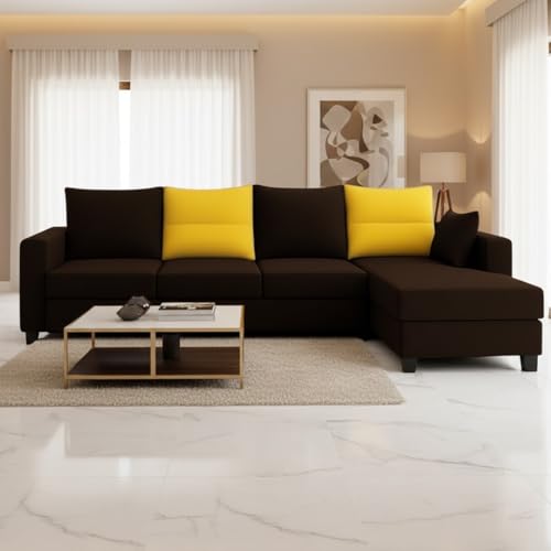 Image of CASASTYLE Texon 5 Seater Fabric RHS L Shape Sofa Set (Yellow-Dark Brown) Velvet Finish | Comfortable Sectional Sofa Set
