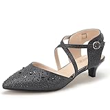 IDIFU Black Pumps Closed Toe Low Heel Dress Shoes for Women Pointed Toe Kitten Heels Comfortable Casual Formal Work Office Prom Sparkly Rhinestones Elegant Strappy Ankle Strap Heels(Black, 8.5)