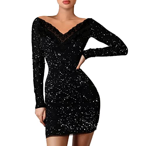 Kleid Glitzer Damen, Kostüm, Glitzerkleid Damen, Mesh-Ärmel Enges Abendkleider mit Pailletten Sexy Langarm Wickelkleid Kurze Minikleid Elegant Curvy...
