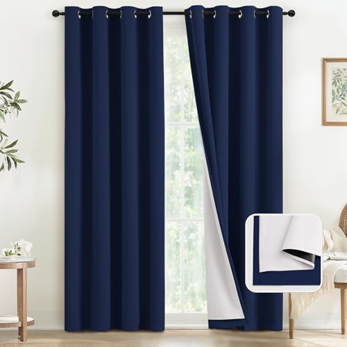 Image of COSVIYA Navy Blue 100% Blackout Curtains for Bedroom with White Back | 2 Thick Layers Full Room Darkening Thermal Insulated Curtain,Grommet Window Drapes for Living Room, 52x84 Inch, 2 Panels
