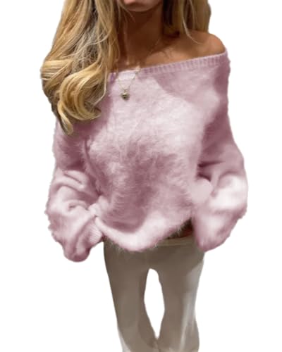 Women Mohair Off Shoulder Cropped Sweater Oversized Long Sleeve Cozy Fluffy Fuzzy Knit Pullover Tops Pink