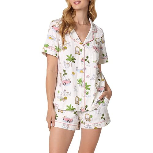 Image of Bed Head PJs Womens Matching Pajamas - Soft Organic Short Sleeve Button Down PJ Shirt & Shorts Set - Sleepwear & Loungewear