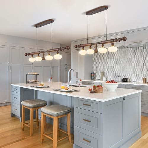 Image of Wood and Globe Linear Chandelier Wooden Farmhouse Dining Room Light Fixture Rustic 4-Light Linear Kitchen Island Lighting Mid Century Modern Globe Hanging Pendant Light with Milk Glass Lampshade