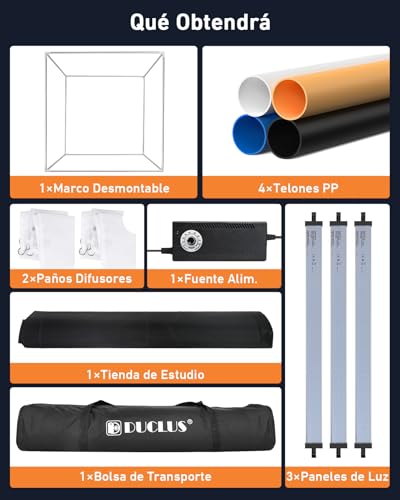 DUCLUS Profesional Caja deLuz 100cm Kit de Fotografía Profesional, 10500LM Luces LED CRI>96 / Regulador Continuo/Paneles de Luz 360° Ajustables / 4 Fondos en PP Mate para Fotografía de Producto - imagen 7
