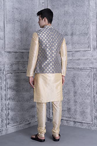 Image of Ethluxis Men's Silk Blend Navy Kurta Pyjama Set with Bundi Nehru Jacket Waistcoat