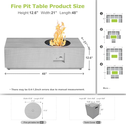 SUNPEAK 48" Patio Fire Pit Table Round Burner with Multiple Color LED Lights, 50,000 BTU Fire Pit Table with Lid, Rocks, Cover & Tank Storage, Propane Outdoor fireplace (Light Grey/RGB Light, 48" LED)