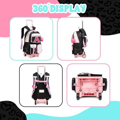 Image of Meetbelify Backpack with Wheels for Girls Black Rolling Letter Backpack Cute Carry on Backpack Kids Luggage with Lunch Box Pencil Case for Elementary Student