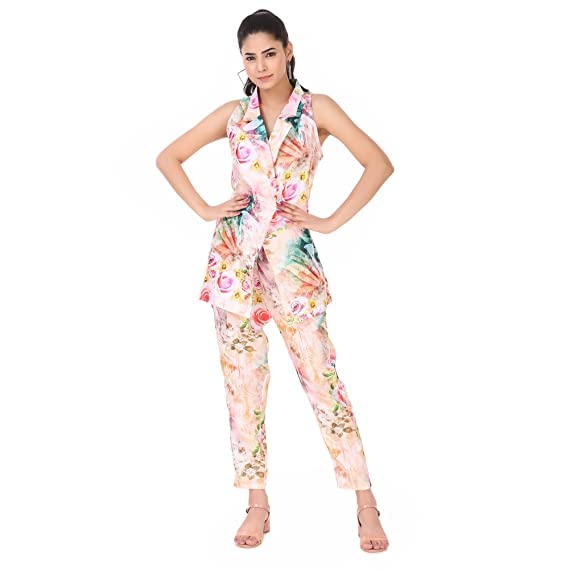 trymisfit Cotton Blend V-Neck Notched Back Cut with Sleeveless Floral Multicolored Coat with Trouser Stylish Wear for Party-picture-32