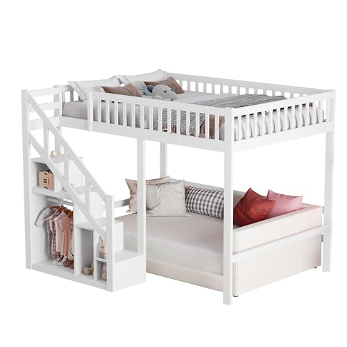Kinderbett Etagenbett 140x200, Hochbett 140 x 200 mit Treppe, Staurau, Gitter und Rausfallschutz, Hochbett für 2 Kinder, Jugendhochbett mit Lattenrost, Kiefer, Ohne Matratze (Weiß A01, 140x200)