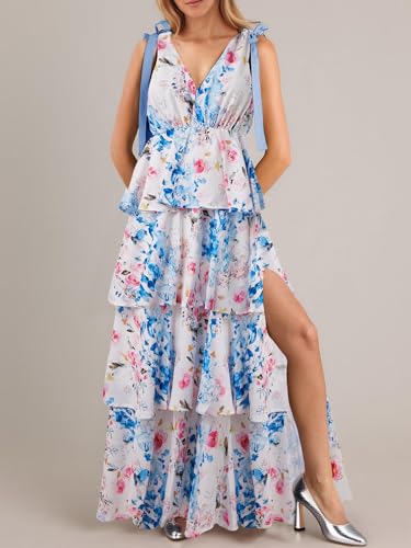 Image of Wenrine Womens Summer Floral Maxi Dress Tie Strap Sleeveless V Neck High Slit Boho Ruffle Tiered Beach Dresses