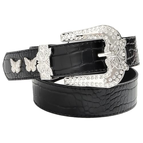Black Rhinestone Belts Western Women Bling Studded Belt Cowgirl Belts Leather Waist Belt Wide Buckle Belts for Jeans