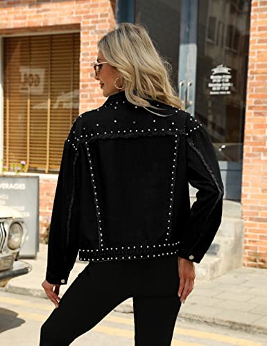 Gozoloma Women's Denim Jackets Long Sleeve Rock Jeans Jacket Punk Coat Oversized Top(0080-Black-L) #TOP5