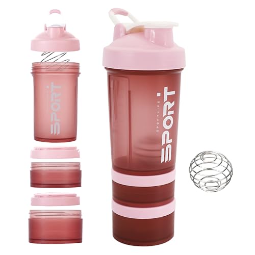 Shaker Proteinshake Becher Gym Flasche - 600 ml 3 Teiliges Rosa Protein Shaker mit kugel und Pulverfach Auslaufsicher Eiweiss Protein Pulver Bottle - Gym Sport Flasche Frauen Fitness Trinkflasche