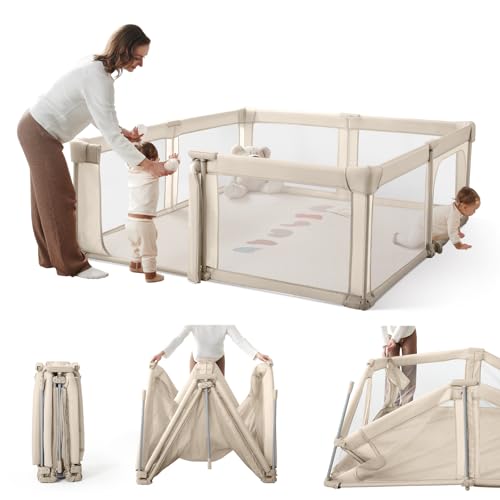 Image of Foldable Baby Playpen,Portable Indoor & Outdoor Playpen for Babies and Toddlers,71 inchx79 inchExtra Large Play Pen with Gate,Collapsible Baby Fence with Travel Bag(Light Khaki)