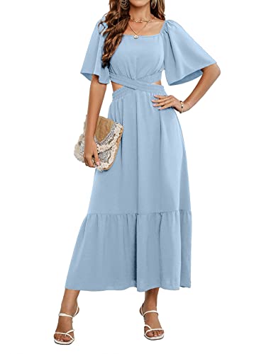 Solersun Women's Causal Summer Cutout Crossover Waist Dresses Square Neck Short Sleeves A-Line Tiered Flowy Long Maxi Dress(Blue,M) #TOP7