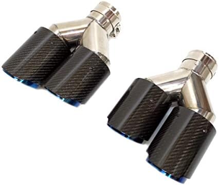 汎用 90パイ ステンレス カーボン マフラーカッター 2本出し チタンブルー 左右2個セット テールエンド カールエンド段違い