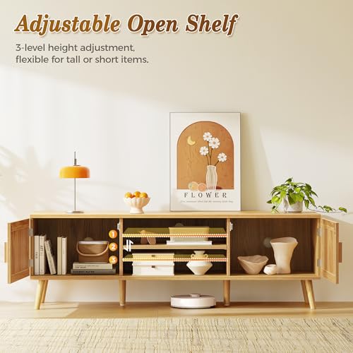 SUPERJARE Boho TV Stand for 65 Inch TV, Entertainment Center with Adjustable Shelf, Rattan TV Console with 2 Cabinets, Media Console, Solid Wood Feet, 4 Cord Holes, for Living Room - Natural - Image 4