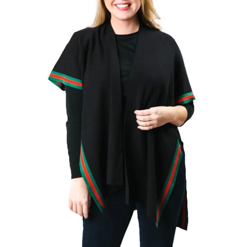Amelia Classic Black Poncho Wrap: Versatile Open-Front Shawl with Red & Green Striped Trim – Layered Ruana for Women