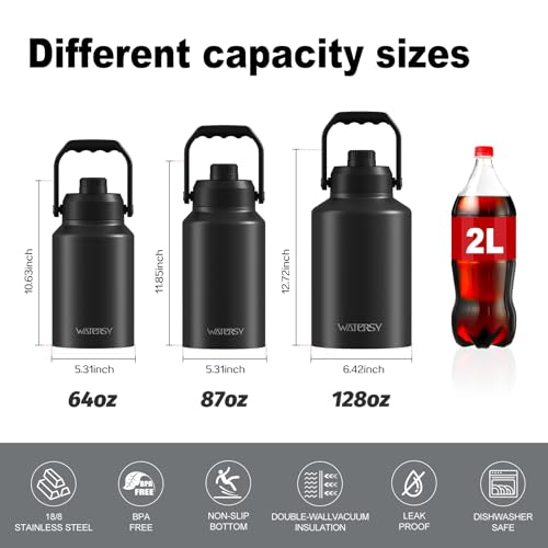 WATERSY Botella de Agua Aislada de 1 Galón (48 Horas Frío), Acero Inoxidable 128oz con Asa, Tapa con Pico, Color Negro miniatura 6