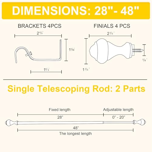 NICETOWN Adjustable Curtain Rods 2-Pack 28-48 Inch, Matte Black Copper Rods with Decorative Finials for Windows, Heavy Duty Short Window Drapery Poles for Indoor Outdoor Patio Bedroom