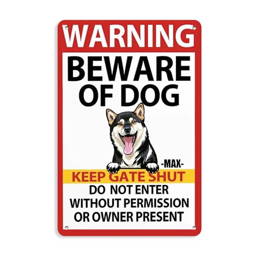 Shiba Inu Schild mit Aufschrift 'Warning Beware of Dog Keep Gate Shut Do Not Enter Without Out Permission or Owner Present, Shiba Inu, personalisierbar, 20,3 x 30,5 cm, Schwarz
