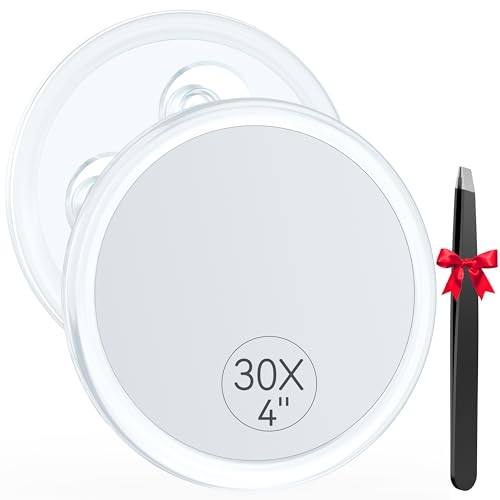 Auxmir 30X Vergrößerungsspiegel 10cm 30-Facher mit 3 Saugnäpfen, Runde Make Up Spiegel mit Vergrößerung, Schminkspiegel für Zuhause, Badezimmer und unterwegs, Entfernung von Mitesser/Blasen