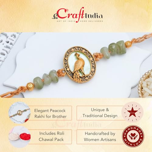 Image of eCraftIndia Peacock Rakhi for Brother Bhaiya Bhai with Best Bro Ever Fridge Magnet | Roli Chawal Pack