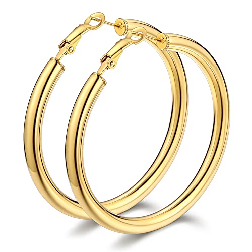 Bestyle 5mm Thick Large Gold Hoop Earrings Lightweight Chunky Hoop Earrings Hollow Tube Hypoallergenic Trendy Stainless Steel Eearrings for Women 60mm