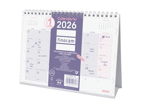 Finocam - Calendário de mesa para escrever 2026 meses vista janeiro - dezembro (12 meses) | calendário de 2026 para marcar | Planeador mensal Chic - Roxo - Português