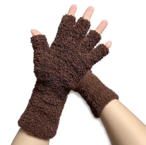 Belsen Unisex Fingerless Gloves Winter Warm Faux Fur Plush Fingerless Mittens for Typing Driving (Brown One Size)