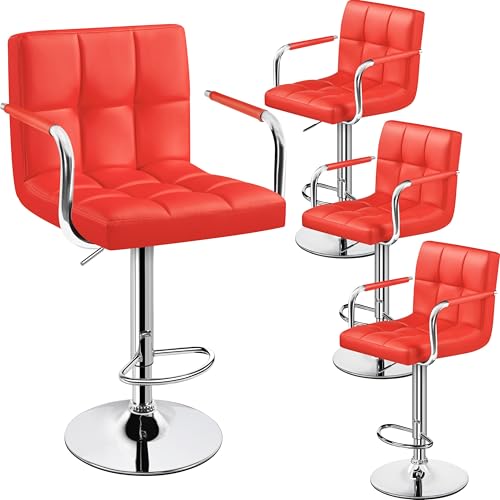 Image of Yaheetech Bar Stools Set of 4, Swivel with Backs, Adjustable Height, Red
