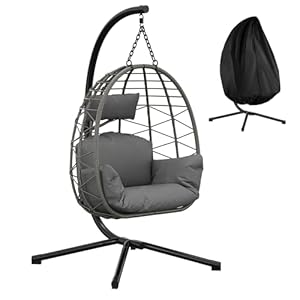 Hängesessel mit Gestell Outdoor bis 150 kg belastbar, Rattan Hängesessel mit Metallgestell, ideal als Hängesitz Indoor mit Gestell für Garten, Terrasse & Balkon Grau